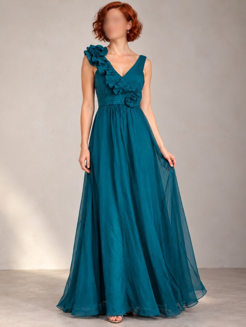 Teri Jon Rickie Freeman Teal 100% Silk Formal Maxi Gown Size 2